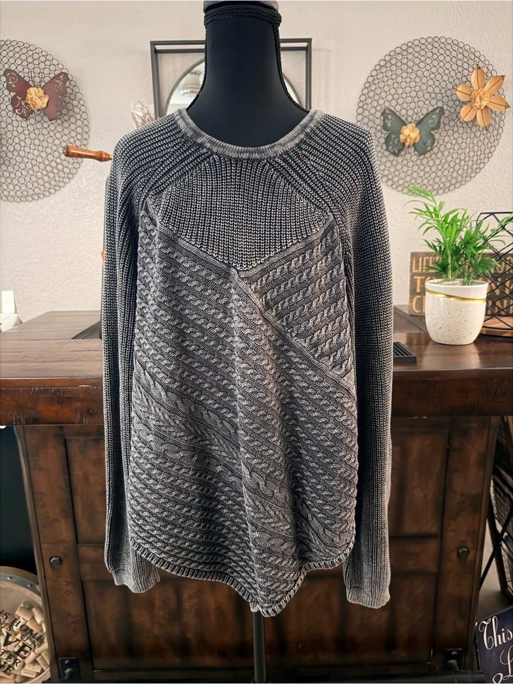 100% Cotton Women's Grey Crewneck Textured Knit Sweater